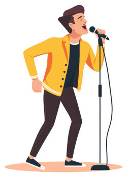 A man in a yellow jacket sings into a microphone. png