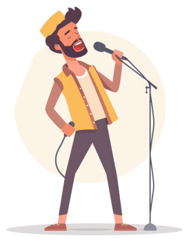 A man with a beard and a hat sings into a microphone. png