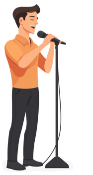 A man in an orange shirt singing into a microphone. png
