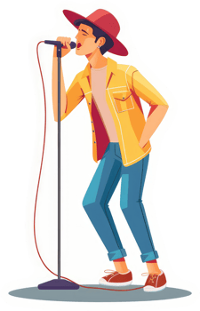 A young man in a yellow shirt sings into a microphone. png