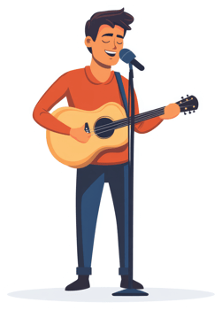A man performing on stage with an acoustic guitar and microphone. png