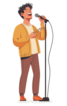 A man joyfully singing into a microphone. png