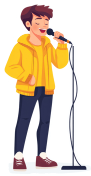 A young person in a yellow jacket sings into a microphone. png
