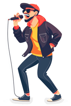A trendy individual passionately singing into a microphone. png