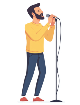 A man with a beard singing into a microphone. png