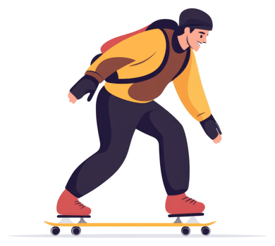 A person on a skateboard, wearing a warm jacket and a beanie. png