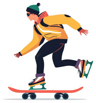A person in winter wear skates on a skateboard. png