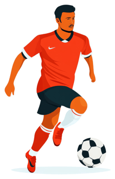 A soccer player in motion, dribbling the ball. png