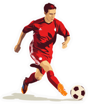 A soccer player in dynamic motion with a red uniform. png