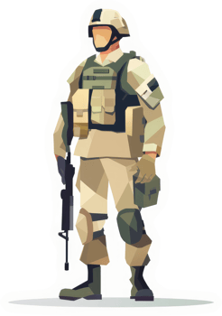 A soldier in camouflage uniform, equipped with protective gear and a rifle. png