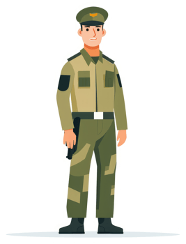 A smiling military personnel in camouflage uniform. png