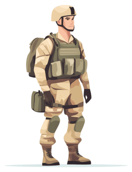A soldier in camouflage uniform, equipped with protective gear and a backpack. png