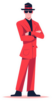 A stylish man in a bold red suit and fedora. png