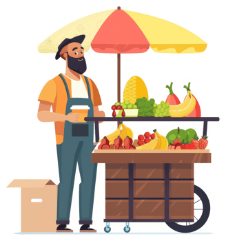 A smiling vendor stands by a fruit cart laden with fresh produce. png