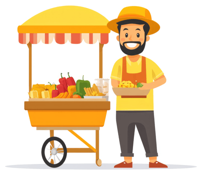 A cheerful street vendor displays assorted fresh produce and snacks from a vibrant yellow food cart. png