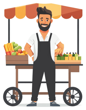 A smiling street vendor displays fresh produce and goods at his cart. png