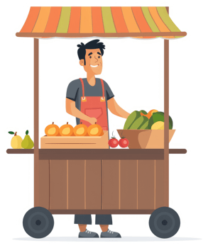 A cheerful street vendor displays fresh produce at a market stall. png