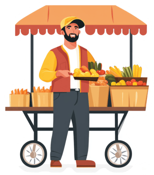 A friendly street vendor displays fresh produce and snacks at their outdoor market cart. png