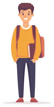 A smiling student with a backpack and books. png