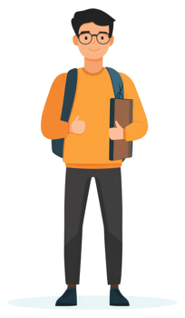 A smiling student wearing an orange sweater and dark pants, ready for class. png