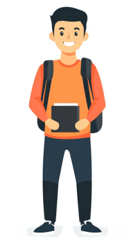 A happy student carrying books and a backpack. png