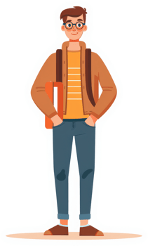 A cheerful student with a tan jacket and striped shirt. png