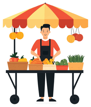 A friendly farmer stands at a vibrant outdoor market stall. png