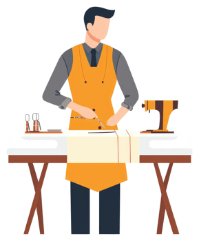 A tailor in an apron meticulously cutting fabric at a work table. png