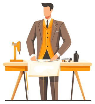 A tailor meticulously works on a garment at his workstation. png