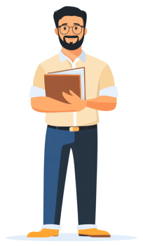 A friendly teacher with books in hand, ready to impart knowledge. png