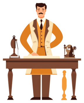 A vintage tailor in his workshop, meticulously working on a garment. png