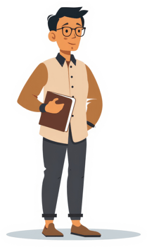 A cartoon illustration of a young man wearing a light beige shirt and dark pants. png