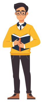 A young man holding a book, dressed in a yellow sweater and dark pants. png