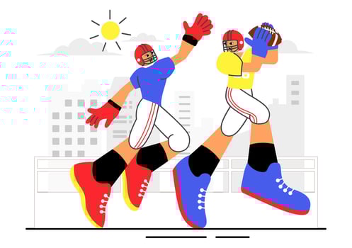 American Football Game Scene with Athletes and Ball in Flat Style Cartoon Art vector