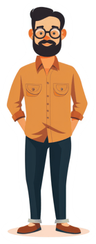 A cartoon illustration of a man wearing an orange shirt, dark pants, and brown shoes. png