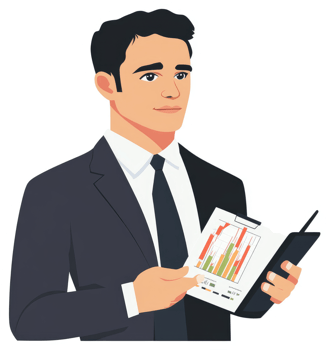A businessman in a suit presenting financial data. png
