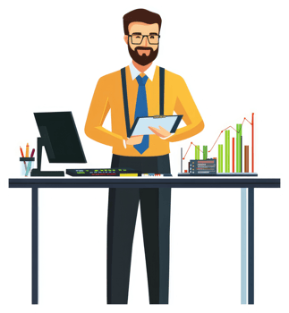 A businessman reviews financial data at his standing desk. png