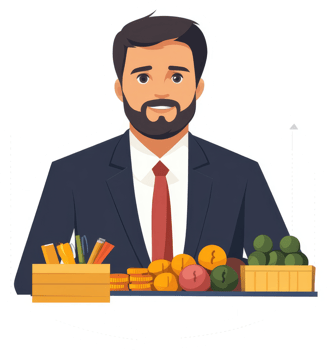 A businessman stands behind a table laden with assorted goods, including fruits, coins, and stationery. png