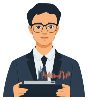 A businessman with financial data displayed on his clipboard. png
