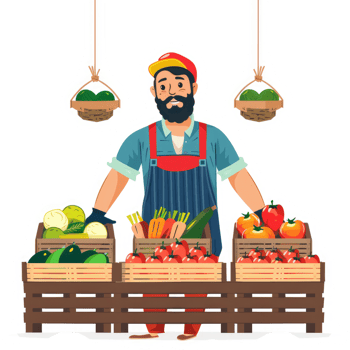 A farmer stands behind a stall of fresh produce. png