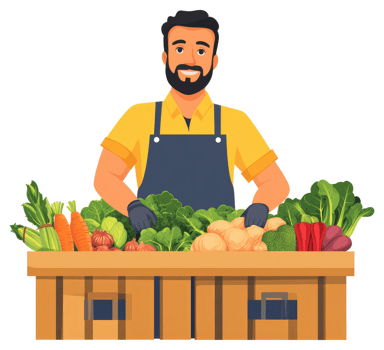 A friendly farmer displays a bounty of fresh vegetables at a market stall. png