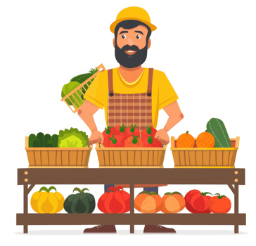 A farmer sells various fresh fruits and vegetables at a market stall. png