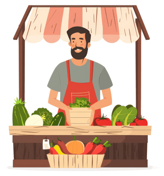 A friendly farmer selling fresh vegetables at a roadside stand. png