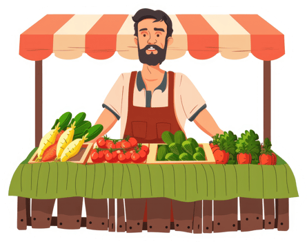A friendly farmer sells fresh vegetables at a roadside market stall. png