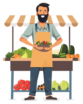 A smiling farmer stands at a market stall displaying fresh produce. png