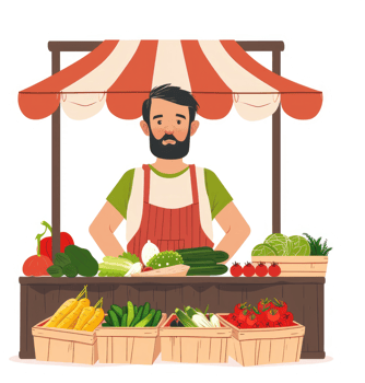 A farmer stands behind a vibrant market stall filled with fresh produce. png