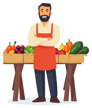 A friendly greengrocer stands proudly behind a display of fresh produce. png