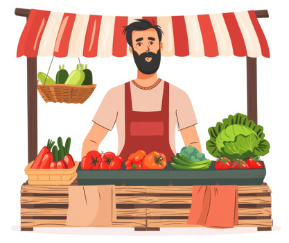 A friendly farmer's market vendor displays fresh produce. png
