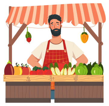 A friendly farmer stands at a roadside vegetable stall. png