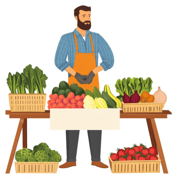 A farmer proudly displays fresh produce at a market stall. png